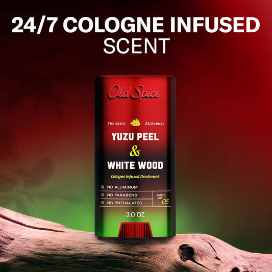 Old Spice Aluminum Free Deodorant for Men, The Spice Alchemist Collection, 24/7 Cologne Infused Scent, No Trade Off Formula, Free of Parabens & Phthalates, Yuzu Peel + White Wood Scent, 3.0 oz