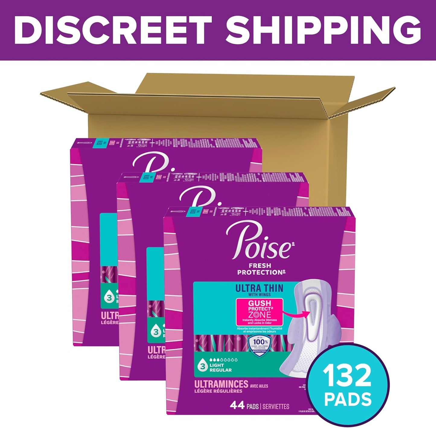 Poise Ultra Thin Incontinence & Postpartum Pads with Wings for Bladder Leaks, 3 Drop Light Absorbency, Regular Length, 132 Count (Packaging May Vary)