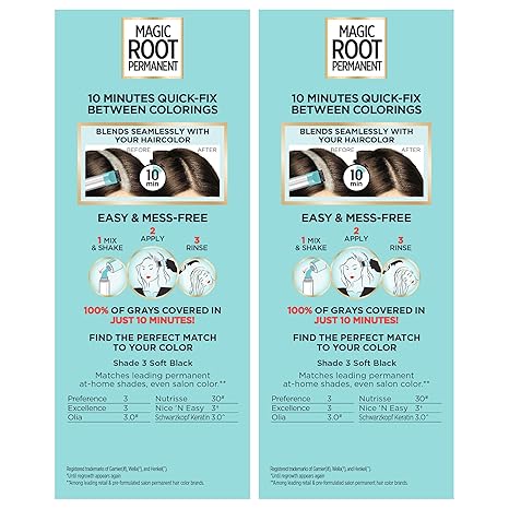 L'Oreal Paris Magic Root Permanent Hair Color Kit, 100% Gray Hair Coverage In Just 10 Minutes, Precision Brush Applicator for Seamless Application, 3 Soft Black (2 Count)