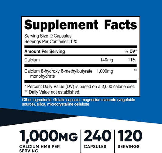 Nutricost HMB (Beta-Hydroxy Beta-Methylbutyrate) 1000mg (240 Capsules) - 500mg Per Capsule, 120 Servings - Gluten Free and Non-GMO (Pack of 2)