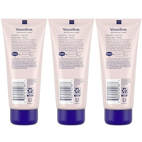 Vaseline Lotion, Healthy Hands Stronger Nails with Keratin 3-Pack – Intensive Care Hand Lotion with Petroleum Jelly, 3.4 Oz Ea