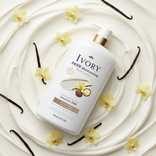 Ivory Hand & Body Lotion + Body Wash Bundle, Vanilla Scent, 24hr Moisturizing & Nourishing Hydration, Repairs and Soothes Extra Dry & Itchy Skin, Made with Shea Butter Blend, 27 fl oz (Pack of 2)