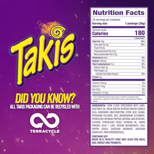Takis Blue Heat Mini Rolled Tortilla Chips, 25 pc / 1.23 oz Multipack | Bite size hot chili pepper rolled tortilla corn chips, 25 mini bags for snacking, lunchboxes, and sharing; extremely spicy