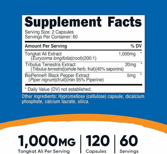 Nutricost Tongkat Ali 1,000mg 120 Capsules - with Tribulus Terrestris and BioPerine, Vegetarian Caps, Non-GMO, Gluten Free, Potent Extract (Pack of 2)