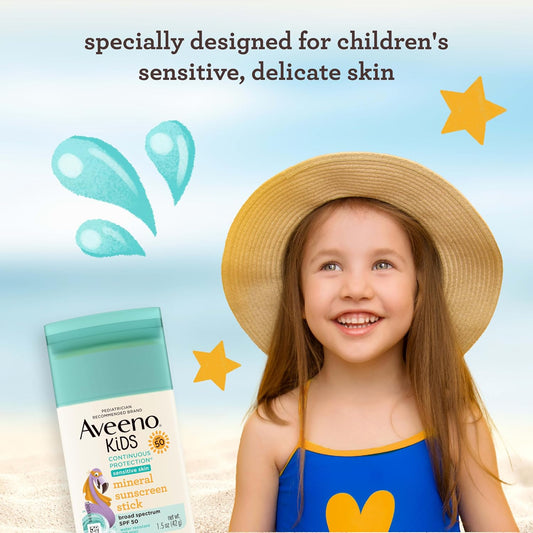Aveeno Kids Continuous Protection Zinc Oxide Mineral Sunscreen Stick for Sensitive Skin,Face & Body Sunscreen Stick for Kids with Broad Spectrum SPF 50,Sweat- & Water-Resistant,1.5 oz,(Pack of 2)