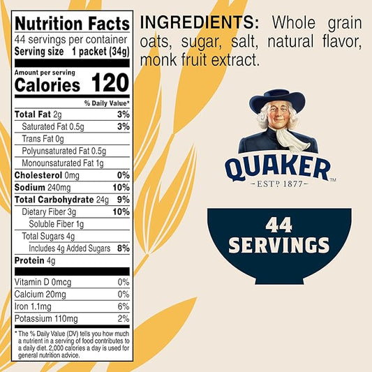 Quaker Instant Oatmeal Lower Sugar, Maple & Brown Sugar, 1.19 Oz, Pack of 44