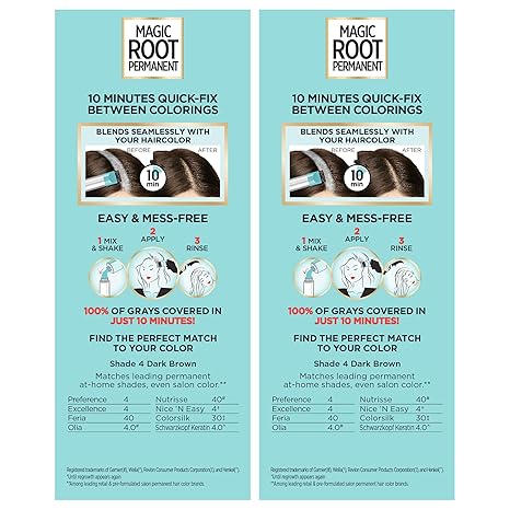 L'Oreal Paris Magic Root Permanent Hair Color Kit, 100% Gray Hair Coverage In Just 10 Minutes, Precision Brush Applicator for Seamless Application, 4 Dark Brown (2 Count)