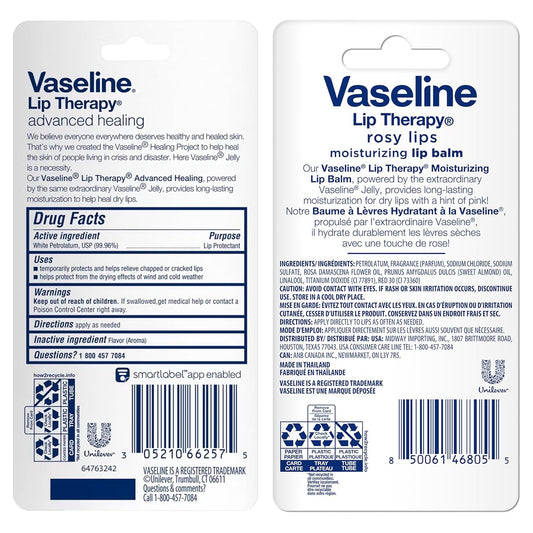 Vaseline Lip Therapy Advanced Healing Bulk Lip Balm Original & Rosy Lips Twin Packs, 48 Tubes Total, 0.35 Oz Ea