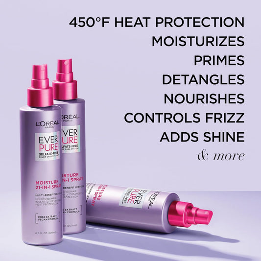 L'Oreal Paris EverPure Moisture 21-in-1 Leave In Conditioner, Multi-Benefit Heat Protectant Spray for Hair Up to 450°F, Detangling Frizz Control for Color Treated, Dry, or Damaged Hair, 6.7 Fl Oz