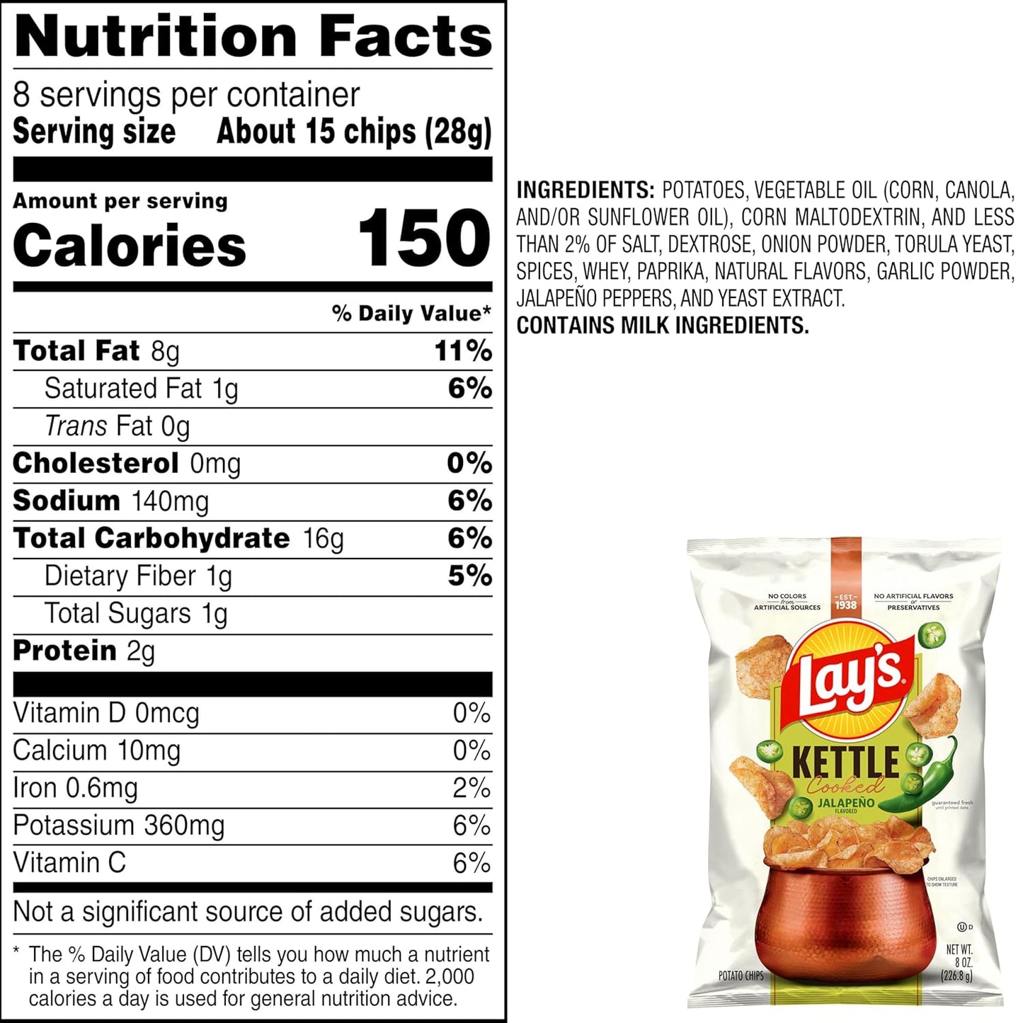 Lay's Kettle Cooked Jalapeno Potato Chips, 8 Oz