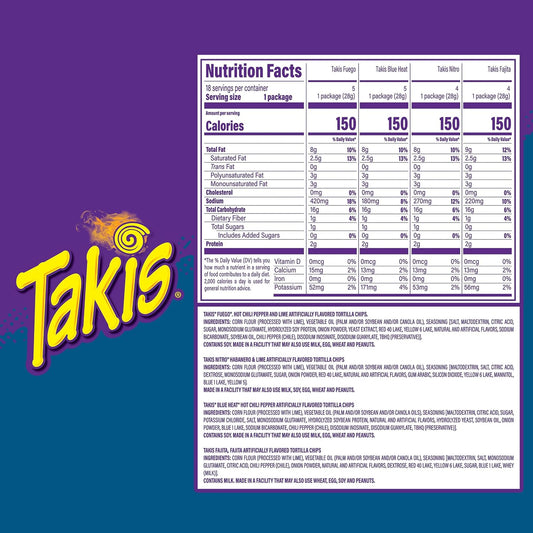Takis 18 pc / 1 oz Variety Pack, Assorted Flavored Mixed Rolled Tortilla Chips – (5) Fuego, (5) Blue Heat, (4) Nitro, (4) Crunchy Fajitas (Pack of 2)