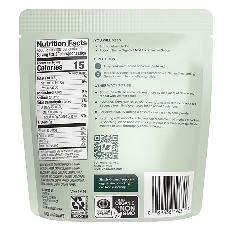 Simply Organic Mild Taco Simmer Sauce, 8 Ounce Pouch, Vibrant & Tangy, For Chicken and Baja-style Fish Tacos (Pack of 6)