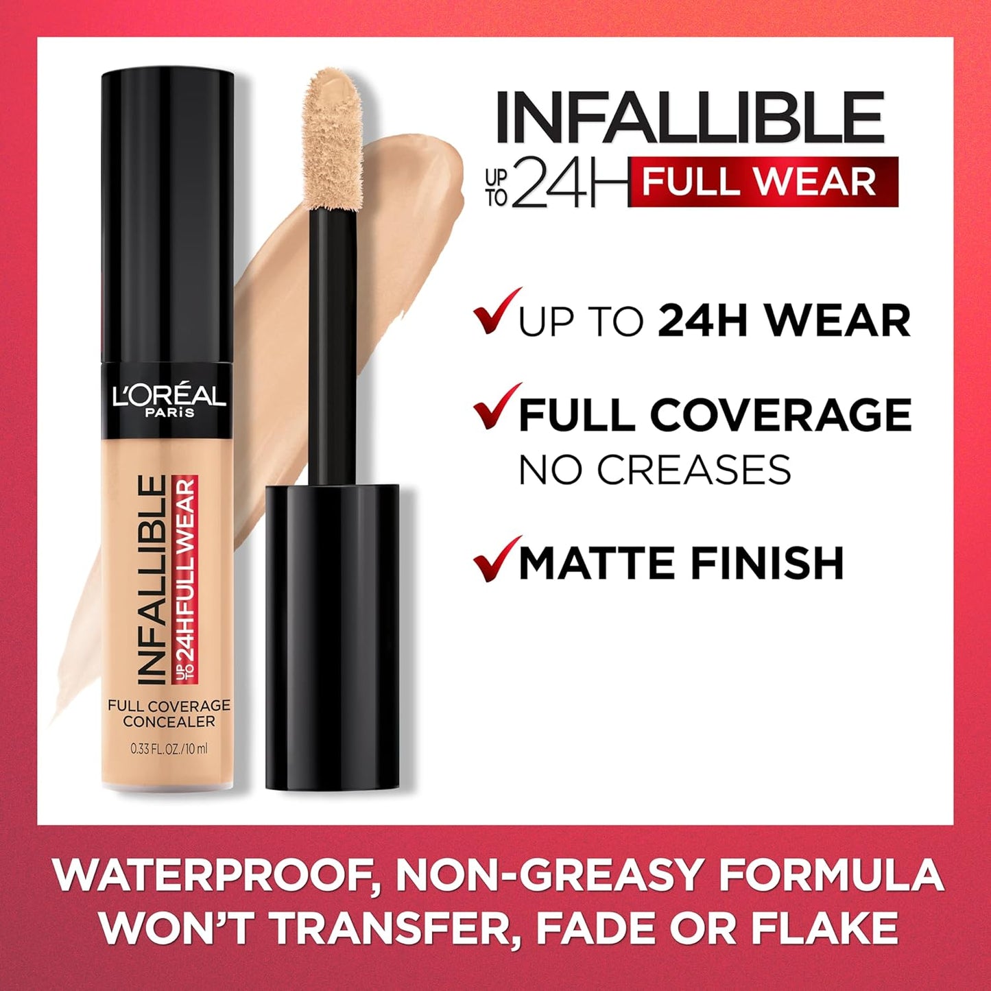 L'Oreal Paris Makeup Infallible Full Wear Waterproof Matte Concealer, Full Coverage, Biscuit, 0.33 fl. oz.
