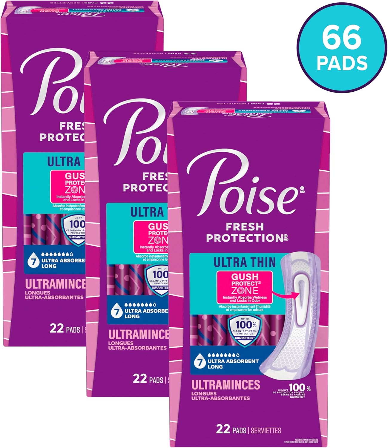 Poise Ultra Thin Incontinence & Postpartum Pads for Bladder Leaks, 7 Drop Ultra Absorbency, Long Length, 66 Count (3 Packs of 22), Packaging May Vary