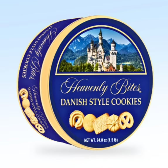 Heavenly Bites Danish Style Butter Cookies in Metal Tin 24 Oz - Crispy Sweet Snacks