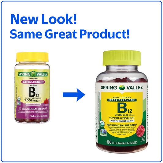 Spring Valley Extra Strength Vitamin B12 Supplement, Raspberry Flavor, 3000 mcg, 100 Count, Vegetarian Gummies for Metabolism Support