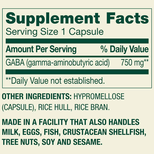 Spring Valley GABA Dietary Supplement Vegetarian Capsules for Mood Health, 750 mg, 100 Count