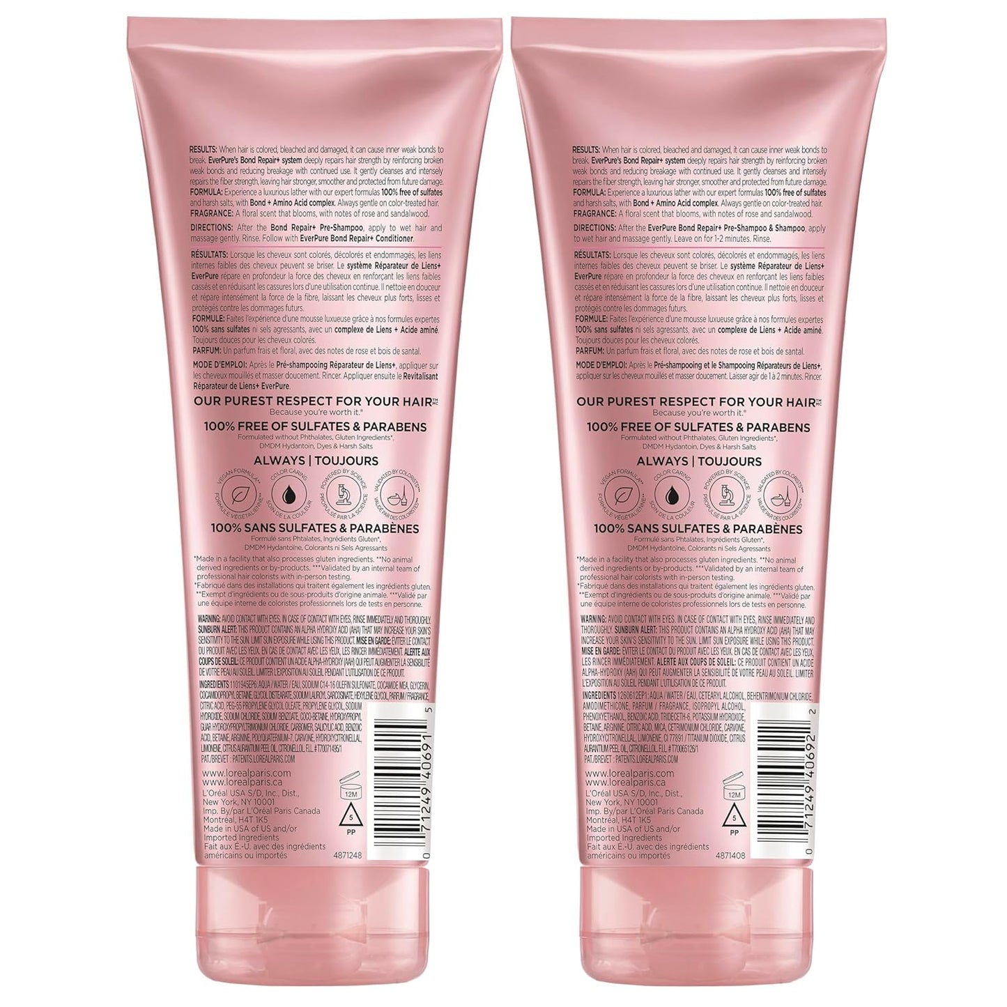 L'Oreal Paris Sulfate Free Bond Repair+ Shampoo and Conditioner Set with Bond + Amino Acid Complex, Strengthens and Repairs Damaged or Color Treated Hair, EverPure, 13.6 Fl Oz Set (Packaging May Vary)