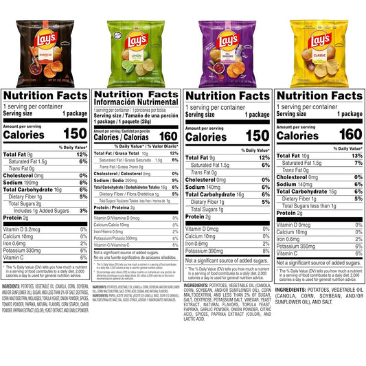Lay's Potato Chips, Classic Chips Variety Pack, 1 Ounce (Pack of 40) | Barbecue, Classic, Limon, and All Dressed flavored Potato Chip Snacks