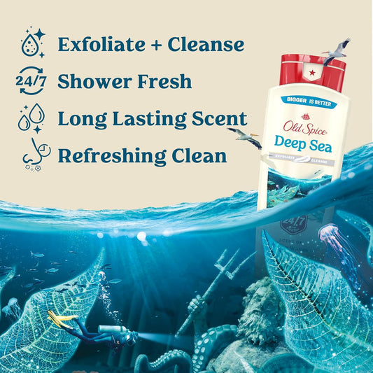 Old Spice Cleansing Body Wash for Men, 24/7 Shower Fresh with Lasting Scent, Exfoliate & Cleanse, Gentle on Skin, Vitamin B3, Deep Sea with Ocean Waves + Kelp Scent, 18 oz (Pack of 4)