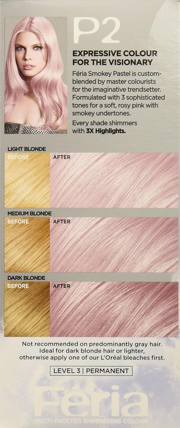 L'Oreal Paris Feria Multi-Faceted Shimmering Permanent Hair Color, P2 Rosy Blush (Smokey Pink) (Pack of 2)