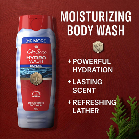 Old Spice Moisturizing Body Wash for Men, Hydro Wash, 2-in-1 Long Lasting Scent & Deep Hydration, 24/7 Shower Fresh, Captain Scent with Ocean Mist & Bergamot, 21 oz (Pack of 4)