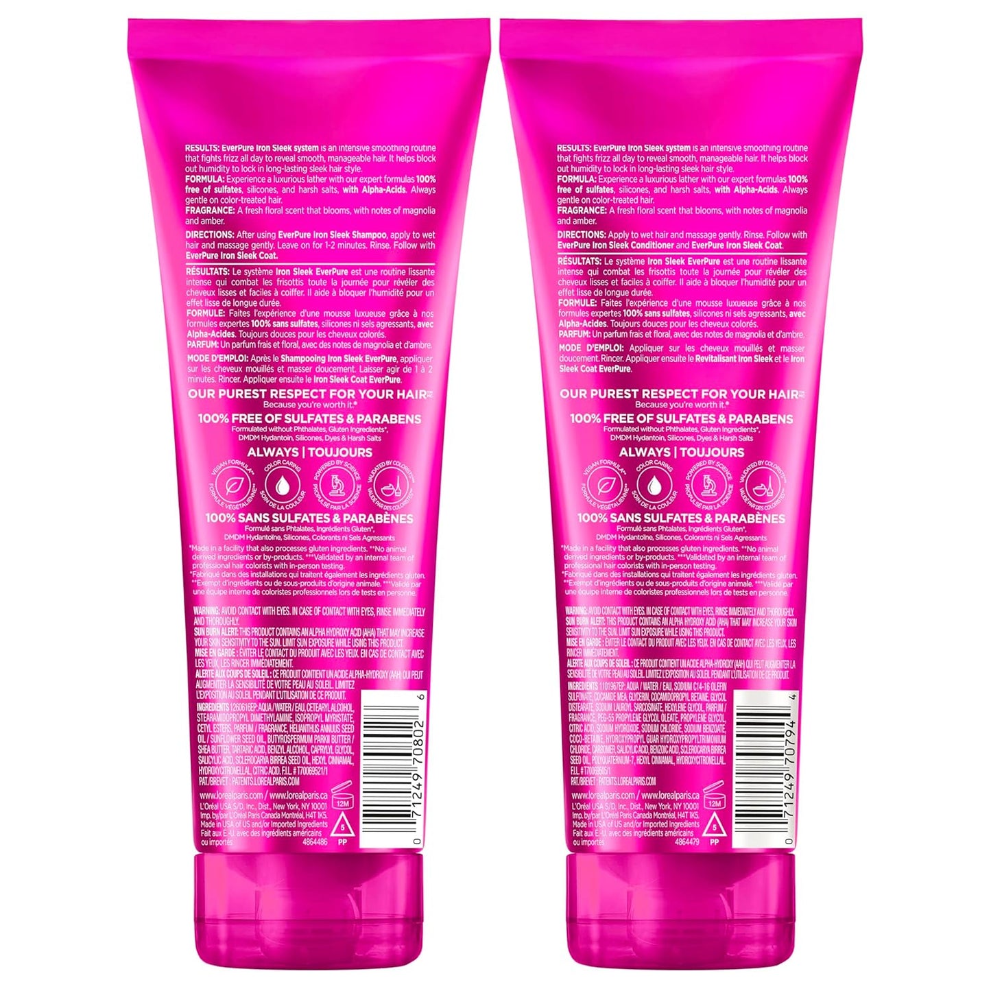 L'Oreal Paris Sulfate Free Iron Sleek Smoothing Shampoo and Conditioner Set, Frizz Control and Humidity-Resistant Formula with Alpha-Acids, Suitable for Color-Treated Hair, EverPure, 13.6 Fl Oz Set
