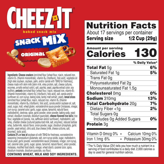 Cheez-It Snack Mix, Lunch Snacks, Family Size, Original, 17.8oz Box (1 Box) (Pack of 2)