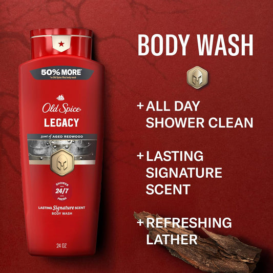 Old Spice Body Wash for Men, 24/7 Shower Fresh & Clean with Daily Use, Lasting Signature Scent, Refreshing Lather, Moisturizing Formula, Legacy with Coconut, Pine & Cedar Scent, 24 oz