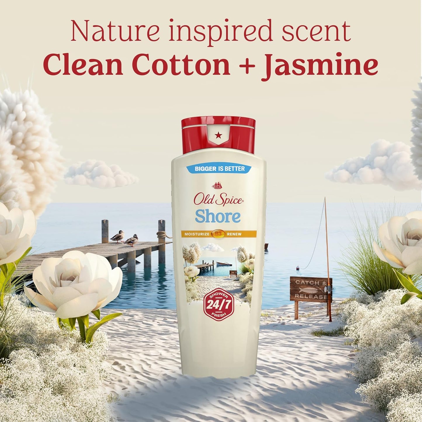 Old Spice Cleansing Body Wash for Men, 24/7 Shower Fresh with Lasting Scent, Moisturize & Renew, Gentle on Skin, Vitamin B3, Shore with Clean Cotton & Jasmine Scent, 18 oz