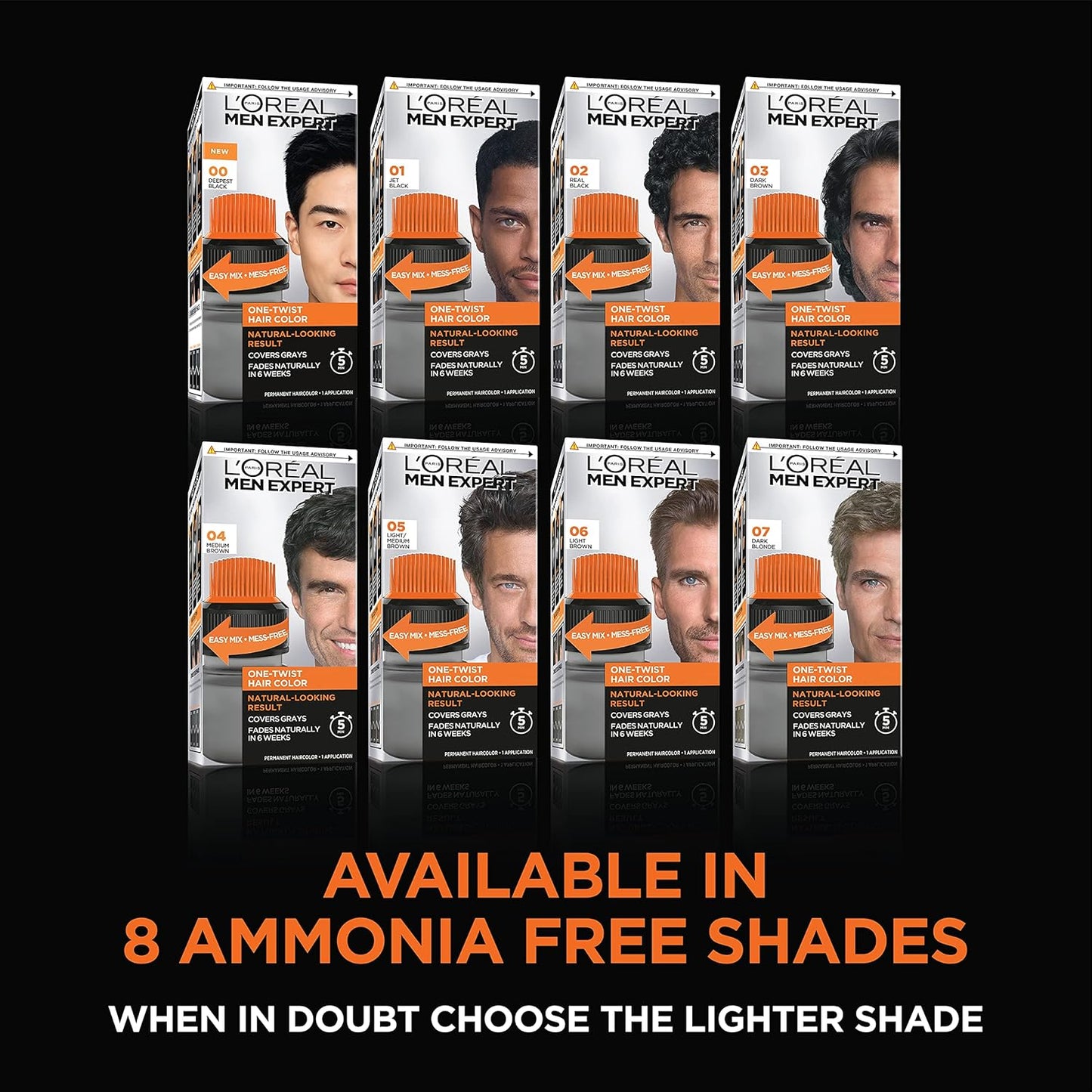 L’Oreal Paris Men Expert One Twist Mess Free Permanent Hair Color, Mens Hair Dye to Cover Grays, Easy Mix Ammonia Free Application, Deepest Black 00, 1 Application Kit