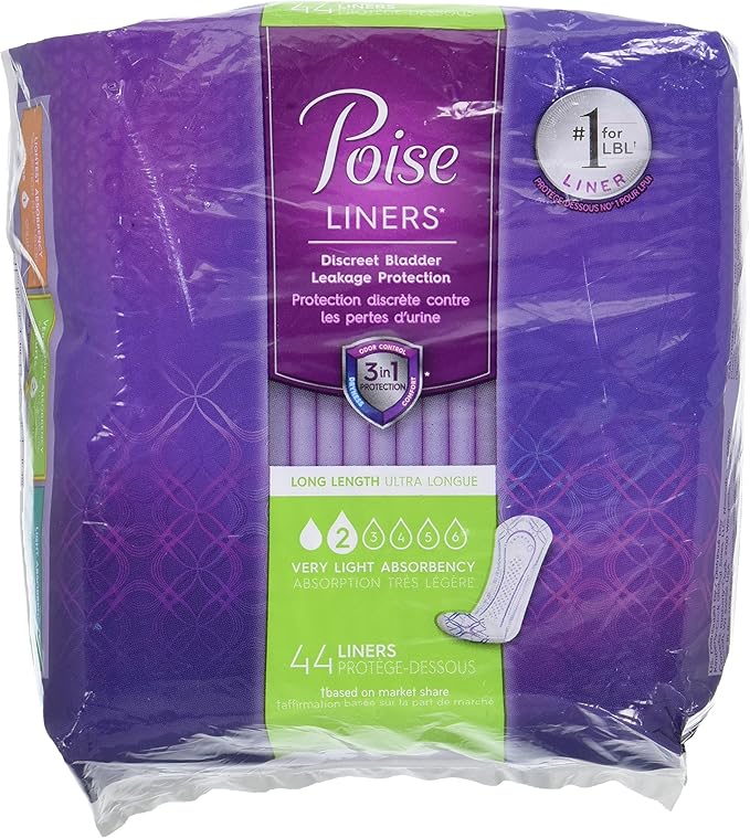 44 Poise Long Length Panty Liners Fresh Lightweight- #2 Light Bladder Urine Leakage Protection - 1 Package of 44 Liners