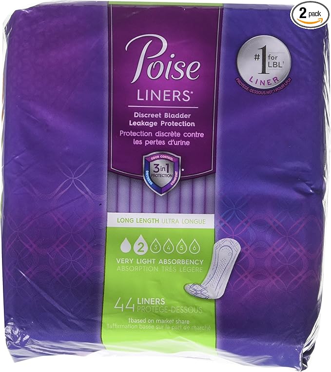 Poise Liners for Light Bladder Leakage, Long Length, Very Light Absorbency, 44 Count (Pack of 2)