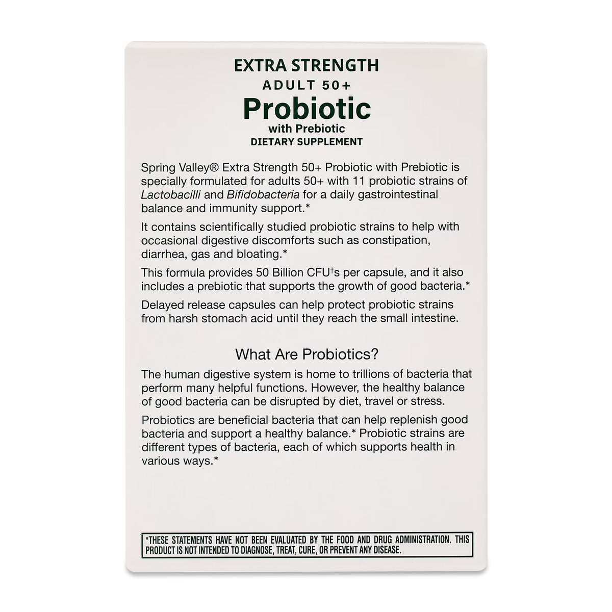 Spring Valley Extra Strength Age 50+ Probiotic with Prebiotic Dietary Supplement Delayed Release Vegetarian Capsules for Digestive Health, 30 Count