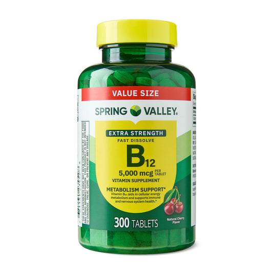 (4 pack) Spring Valley Extra Strength Vitamin B12 Supplement, Cherry, 5000 mcg, 300 Count, Fast Dissolve Tablets for Metabolism Support