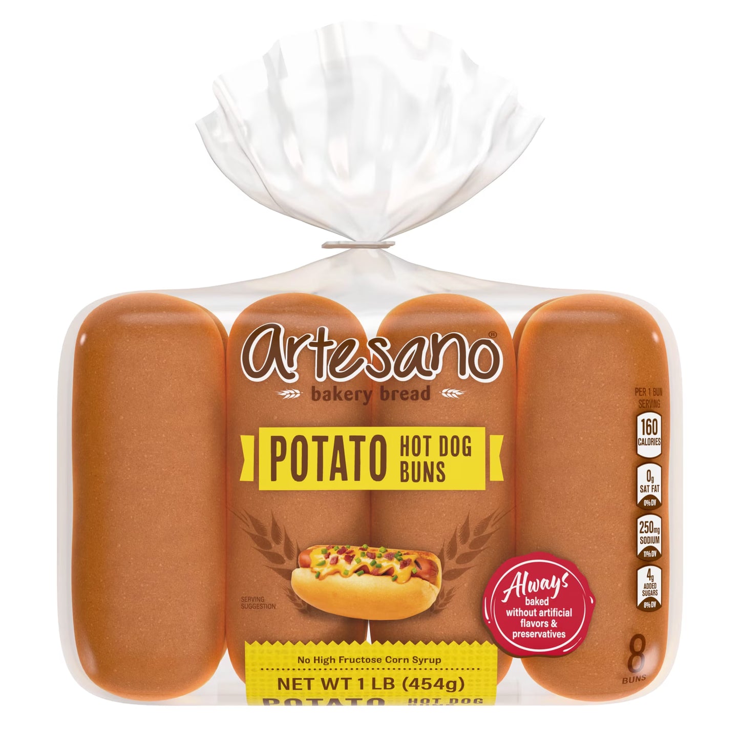 Artesano Potato Hot Dog Buns, 8 count, Hot Dog Buns, 16 oz Bag