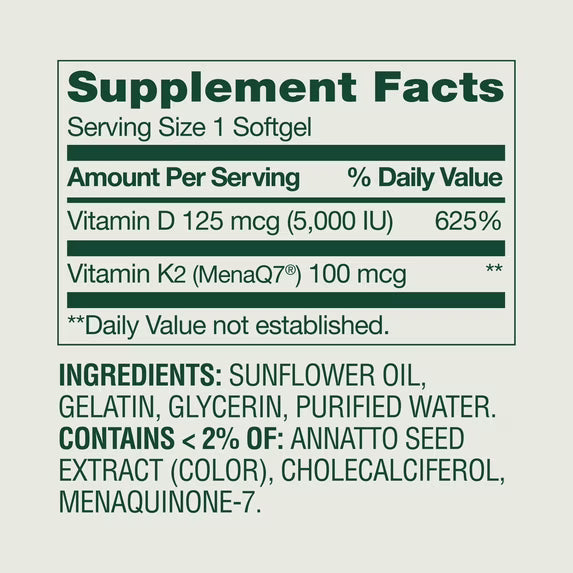 Spring Valley D3 125 mcg + K2 (100 mcg) for Bone Health Softgels, 120 Count