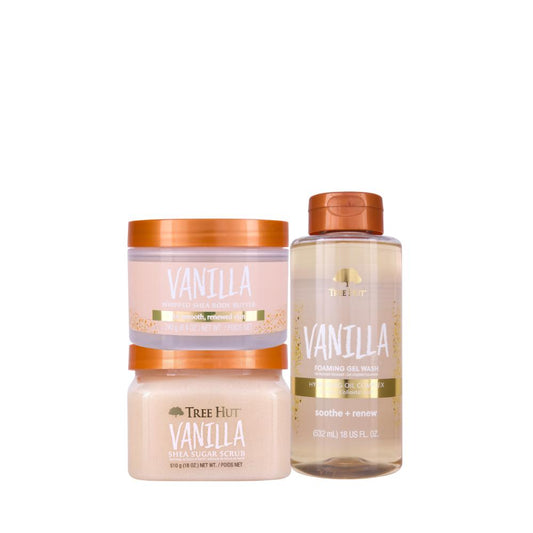 Tree Hut Vanilla Body Care Bundle, Shea Sugar Scrub, Foaming Gel Body Wash & Whipped Body Butter, Exfoliate, Cleanse and Moisturize Dry Skin with Sweet Vanilla Scent, Non-Greasy Hydration