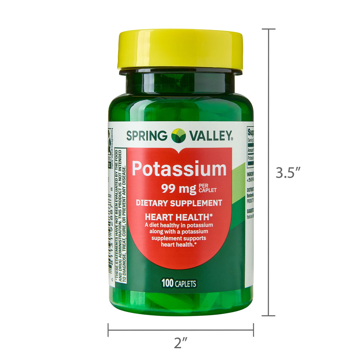 Spring Valley Potassium Dietary Supplement Caplets for Heart Health, 99 mg, 100 Count