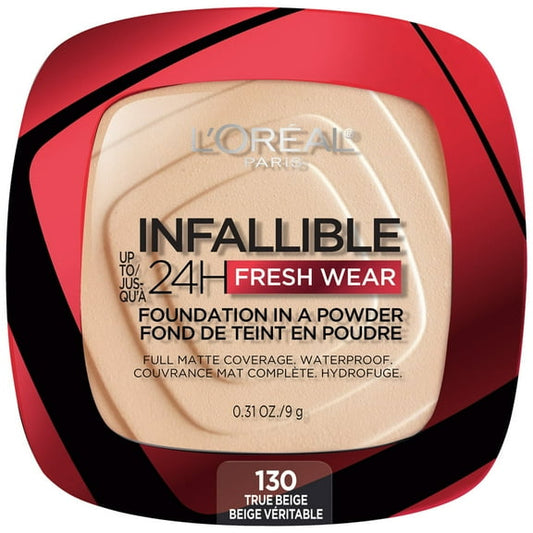 (2 pack) L'Oréal Paris Infallible Fresh Wear 24 Hr Foundation in a Powder, for All Skin Medium Tone, 130 True Beige, 1 fl oz