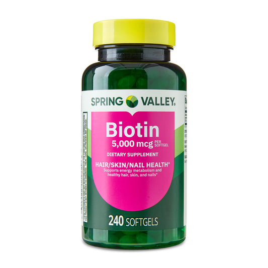 (4 pack) Spring Valley Biotin Dietary Supplement Softgels for Hair/Skin/Nails Health, 5,000 mcg, 240 Count