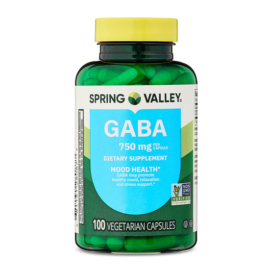 (3 pack) Spring Valley GABA Dietary Supplement Vegetarian Capsules for Mood Health, 750 mg, 100 Count