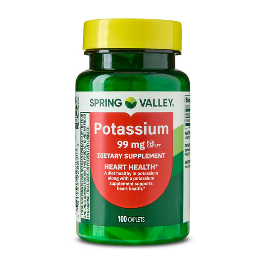 (3 pack) Spring Valley Potassium Dietary Supplement Caplets for Heart Health, 99 mg, 100 Count