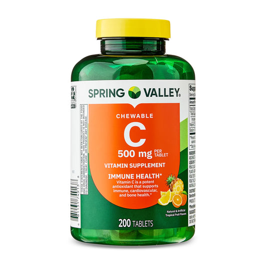 (3 pack) Spring Valley Vitamin C Dietary Supplement, Tropical Fruit, 500 mg, 200 Count, Chewable Tablets for Immune Health