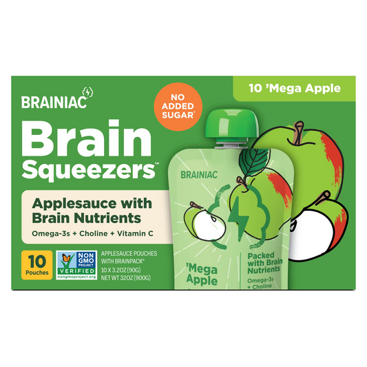 (2 pack) Brainiac Brain Squeezers Applesauce with Omega-3s, Apple, No Sugar Added, 3.2 oz, 10 Ct