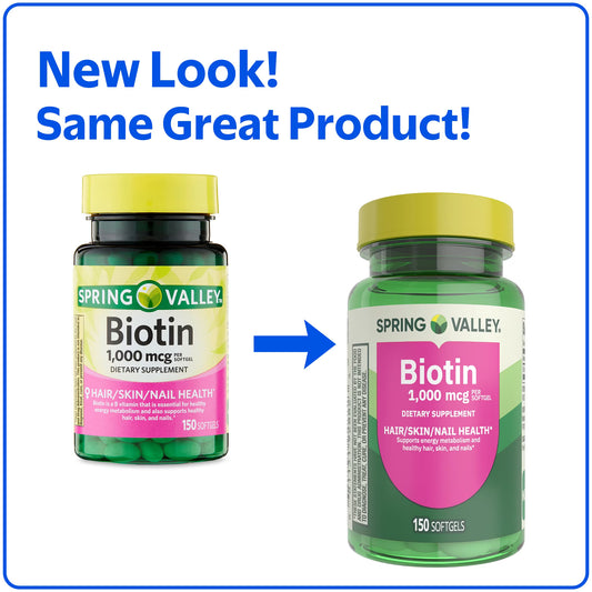 Spring Valley Biotin Dietary Supplement Softgels for Hair/Skin/Nails Health, 1,000 mcg, 150 Count
