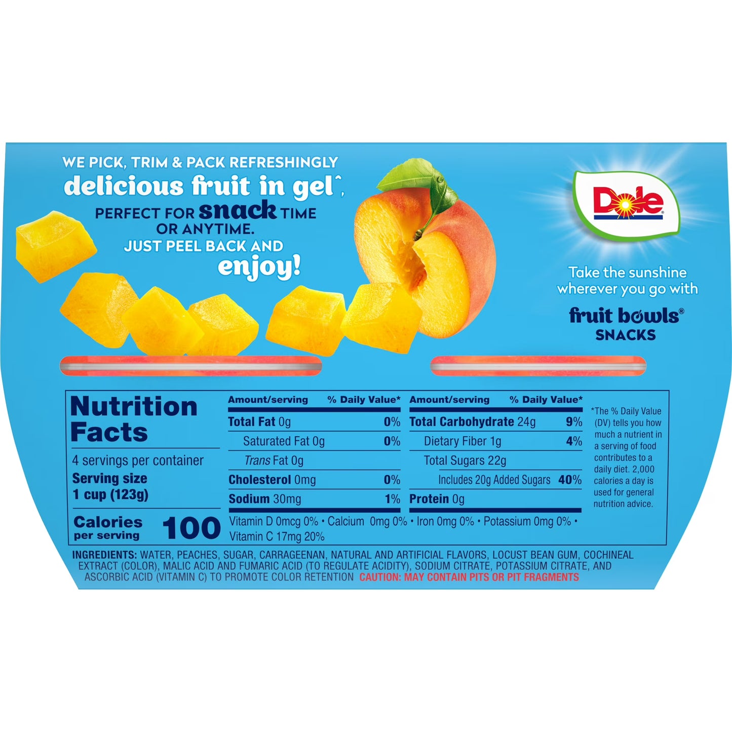 (4 pack) Dole Fruit Bowls Diced Peaches in Strawberry Gel, 4.3 oz Cups (4 Pack)