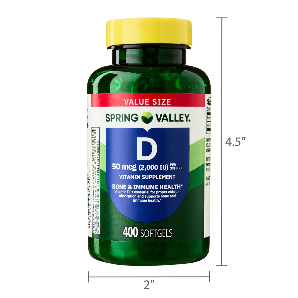 Spring Valley Vitamin D3 Softgels, 50 mcg (2,000 IU), 400 Count, Supplement for Bone and Immune Health