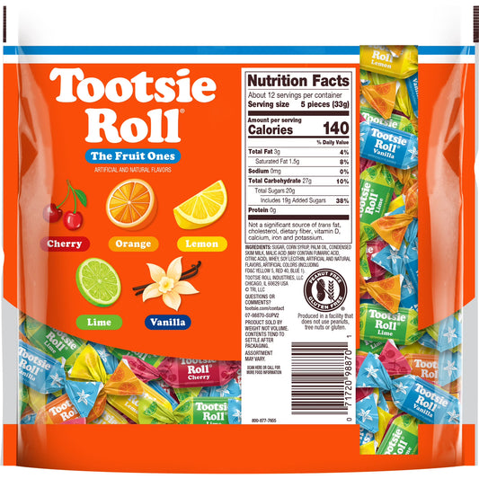 Tootsie Roll Fruit Chews, Assorted Fruit Flavors, 14.37 oz. Gluten Free, Peanut Free. Contains Milk and Soy.