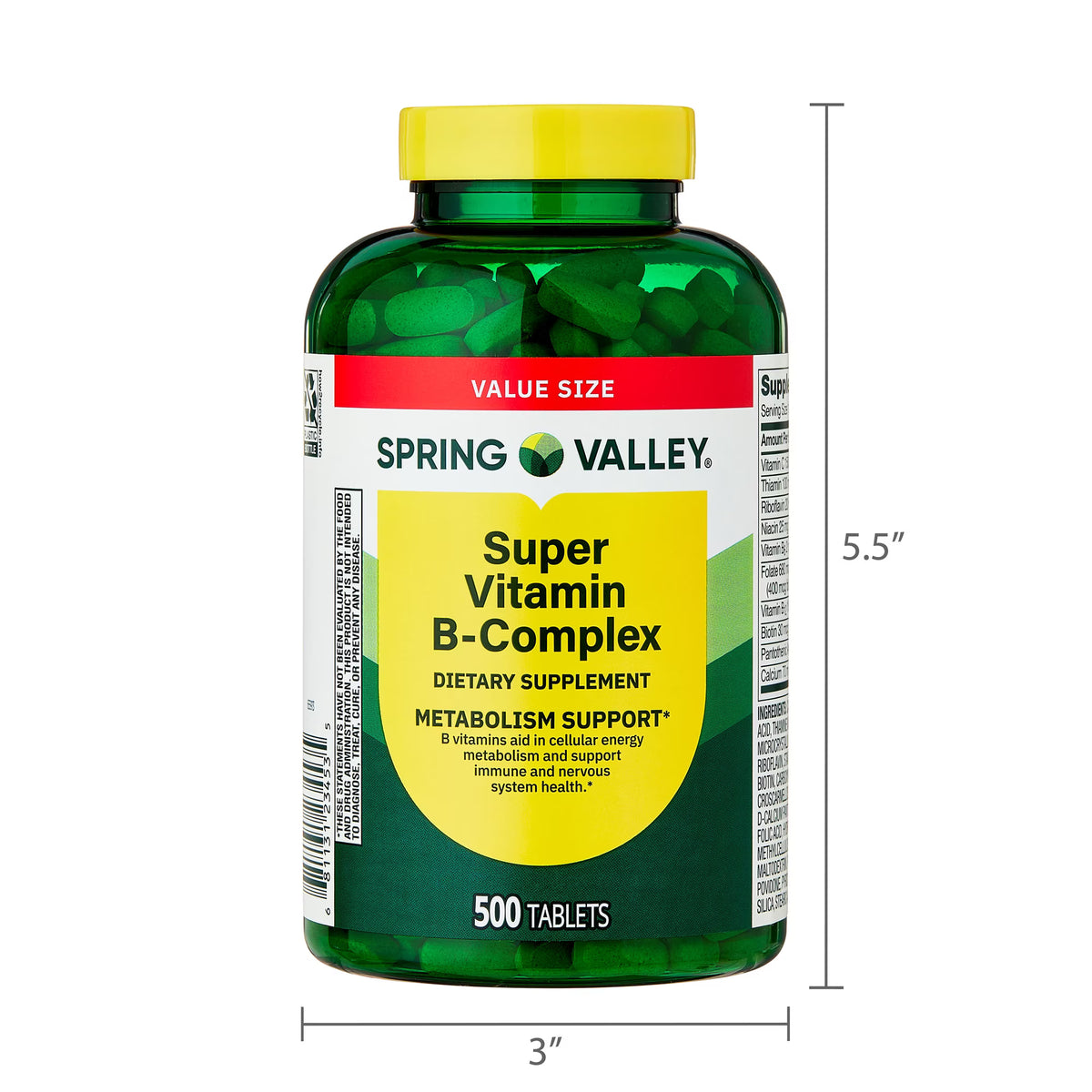 Spring Valley Super Vitamin B-Complex Tablets Dietary Supplement Value Size, 500 Count